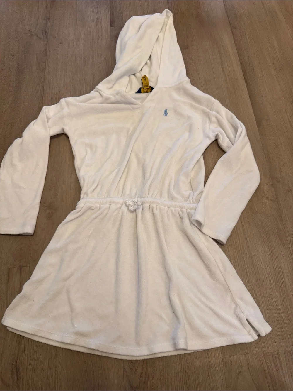 Ralph Lauren White Hooded Terry Dress with Blue Polo Logo